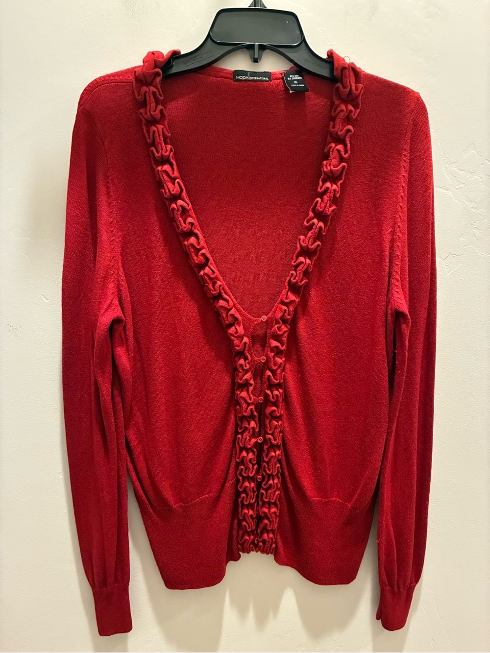 Moda International Red Ruffle-Trim V-Neck Sweater